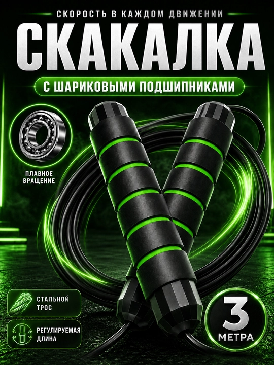 Скакалка с металлическим тросом и подшипником, регулируемая длина - 