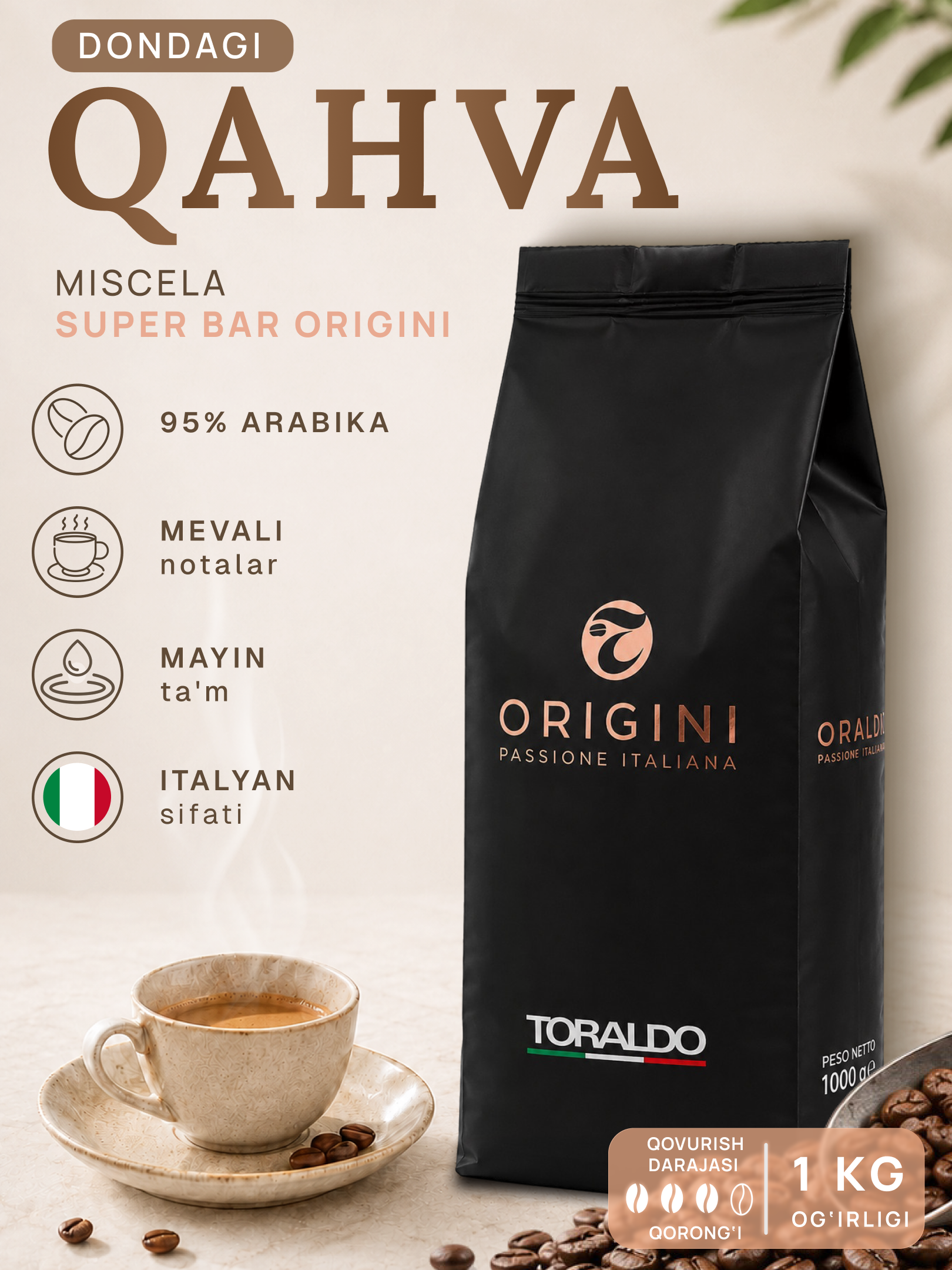 Toraldo Miscela Super Bar Origini donali kofe 95% arabika, 1 kg