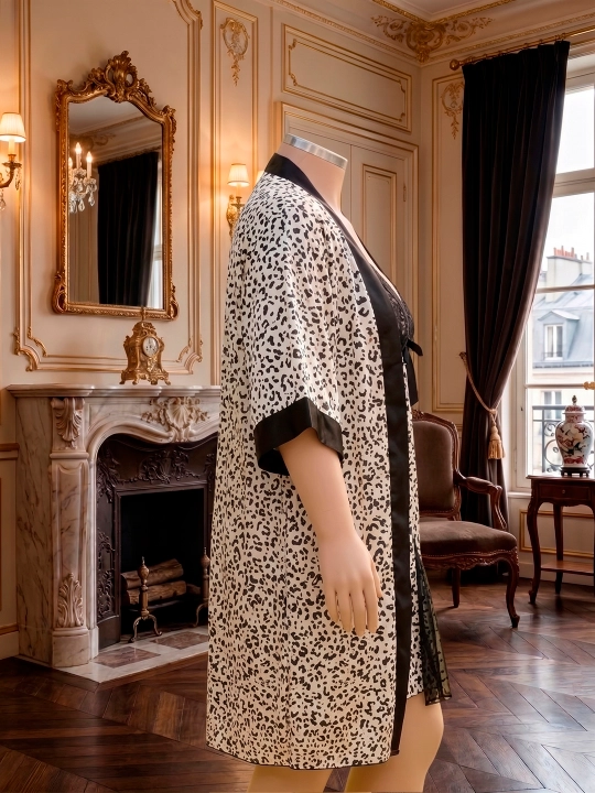 Ayollar uy kiyimi to'plami xalat va tungi ko'ylak, ipak pijama leopard printli