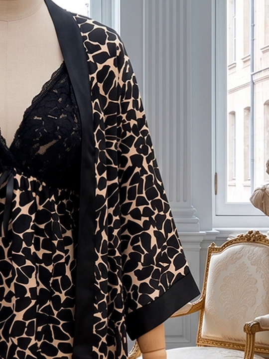 Ayollar uy kiyimi to'plami xalat va tungi ko'ylak, ipak pijama leopard printli