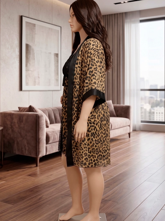 Ayollar uy kiyimi to'plami xalat va tungi ko'ylak, ipak pijama leopard printli