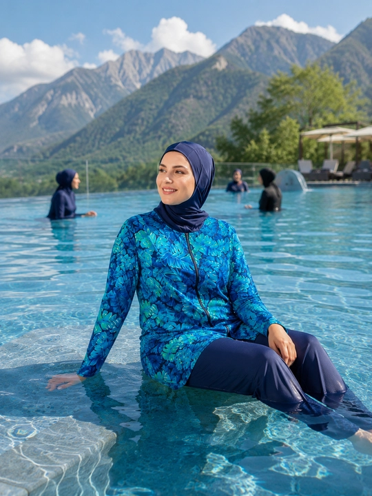 Ayollar uchun musulmoncha cho‘milish kiyimi, 3 ta 1 da burkini, hijobli cho‘milish kiyimi