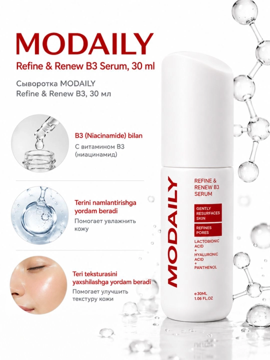 MODAILY B3 niatsinamid va gialuron kislotasi qo‘shilgan yuz zardobi, 30 ml - 