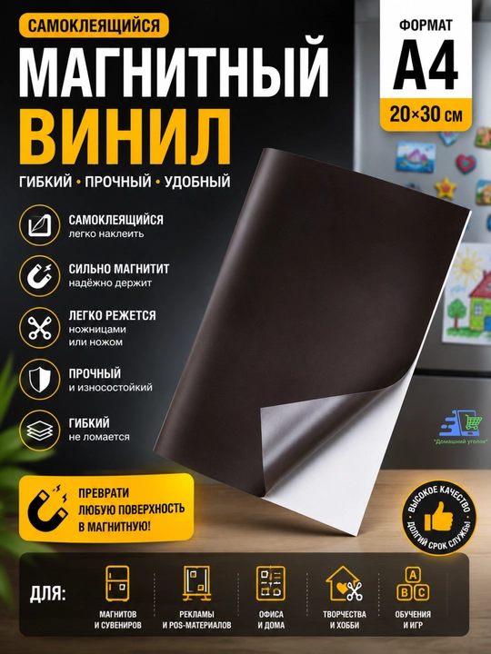Магнитный винил А4 самоклеящийся, 20×30 см, гибкий лист для творчества и рекламы - 
