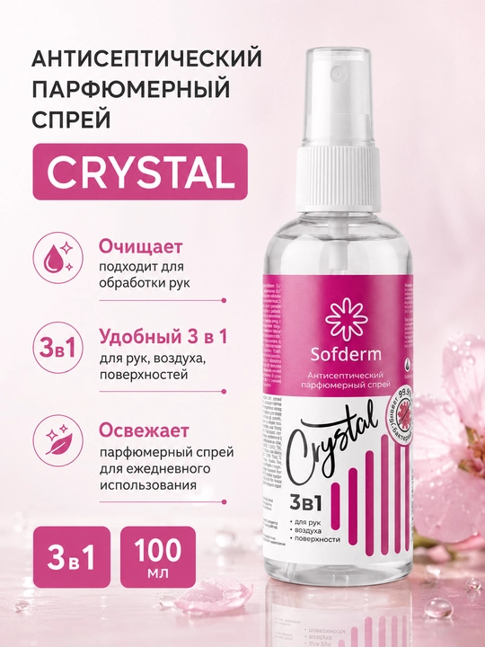 Sofderm Crystal qo‘l, havo va yuzalar uchun antiseptik spreyi