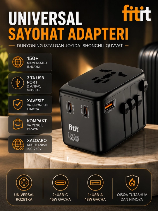 Fitit Universal Adapter 45W - universal kuchli adapter
