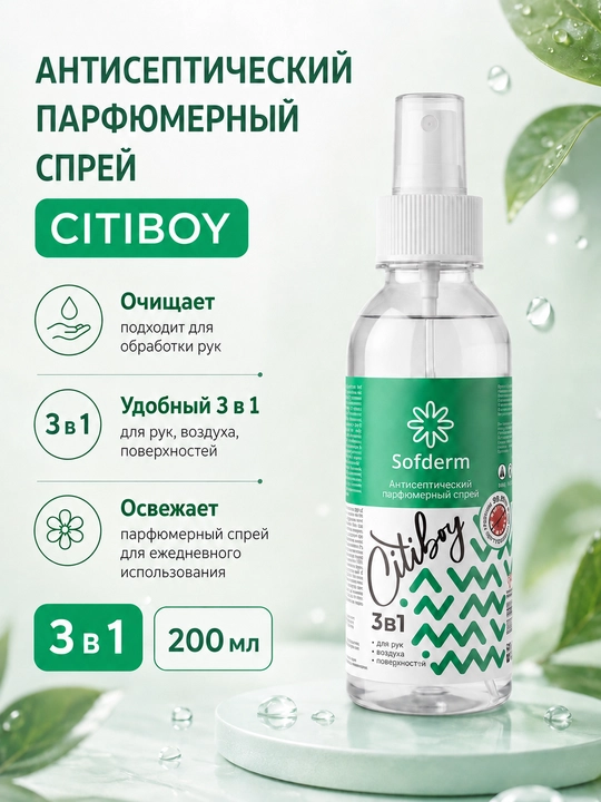 Sofderm Citiboy 3 tasi 1 da antiseptik parfyumeriyali sprey, qo‘llar, havo va yuzalar uchun - 