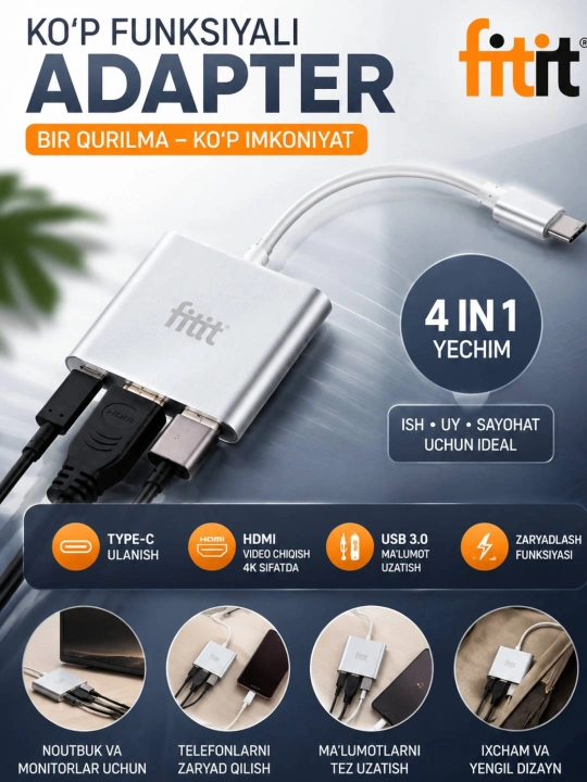 Хаб Type-C 3-в-1 с поддержкой USB-C PD 100W, HDMI 4K 30Hz и USB-A 3.0 - FITIT - 