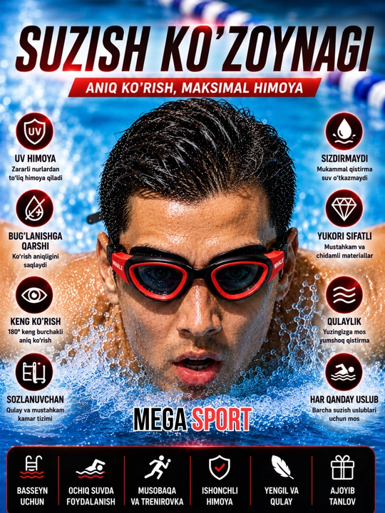 Очки для плавания защита от ультрафиолета, защита от запотевания, водонепроницаемые M:7200