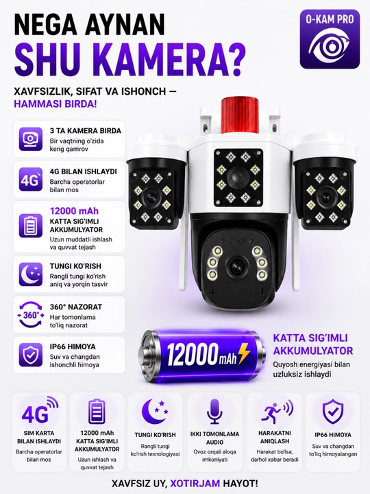 SIM kartali quyosh panelli videokuzatuv kamerasi O-Kam Pro,Icee,v-380. 3 kamera, 12000 mAh