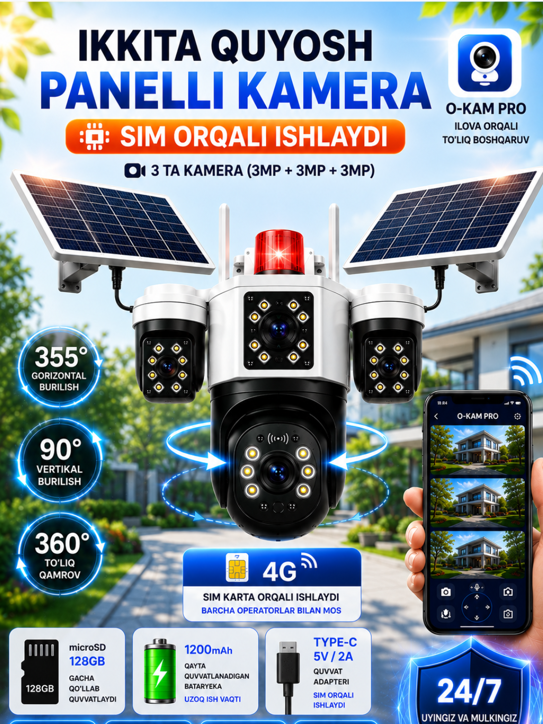 SIM kartali quyosh panelli videokuzatuv kamerasi O-Kam Pro,Icee,v-380. 3 kamera, 12000 mAh - 