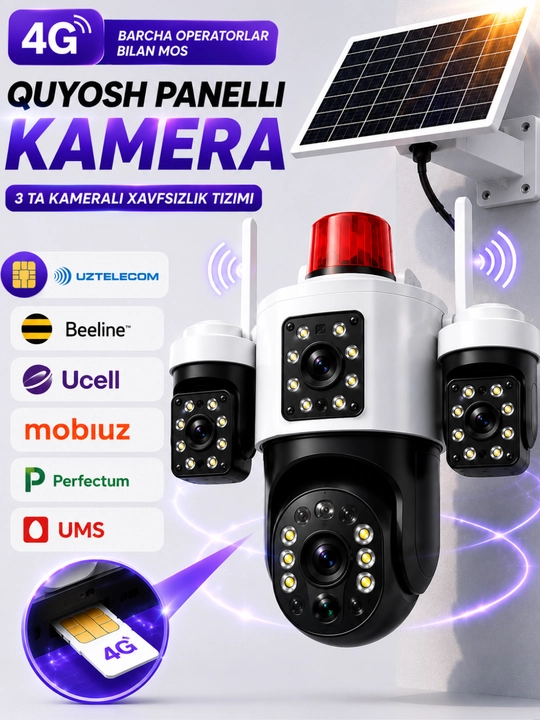 SIM kartali quyosh panelli videokuzatuv kamerasi O-Kam Pro,Icee,v-380. 3 kamera, 12000 mAh