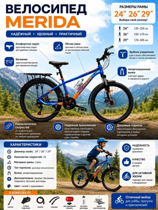24/26 dyuymli tog‘ velosipedi – 21 tezlikli, amortizatorli, bagajnikli - 