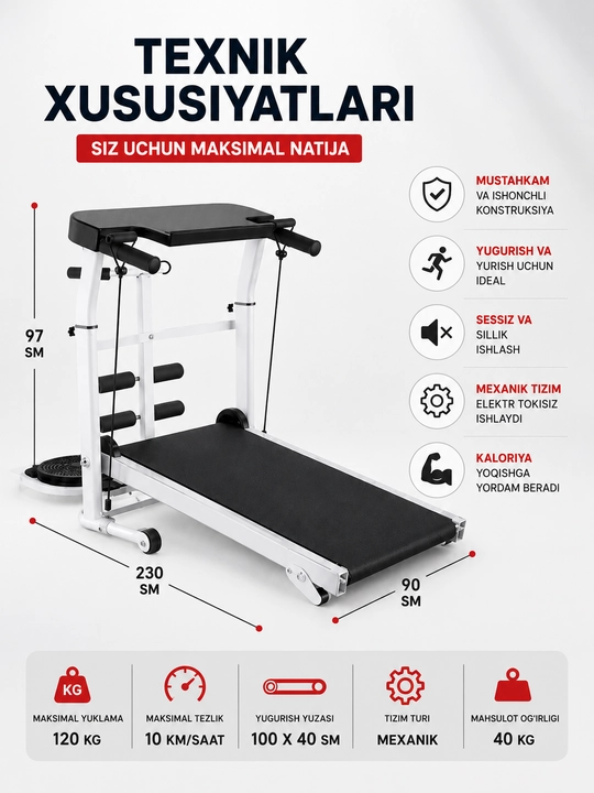 Yugurish yo‘lagi begavoy darojka, uy uchun mexanik kardio trenajor, 120 kg gacha