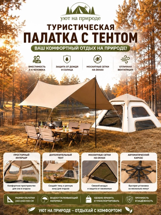 Туристическая палатка с тентом 240×240×155 см - 