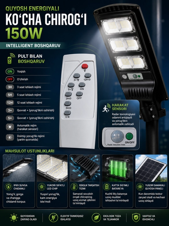 LED 150W quyosh batareyali ko'cha projektori, harakat sensorli va masofadan boshqaruv pult