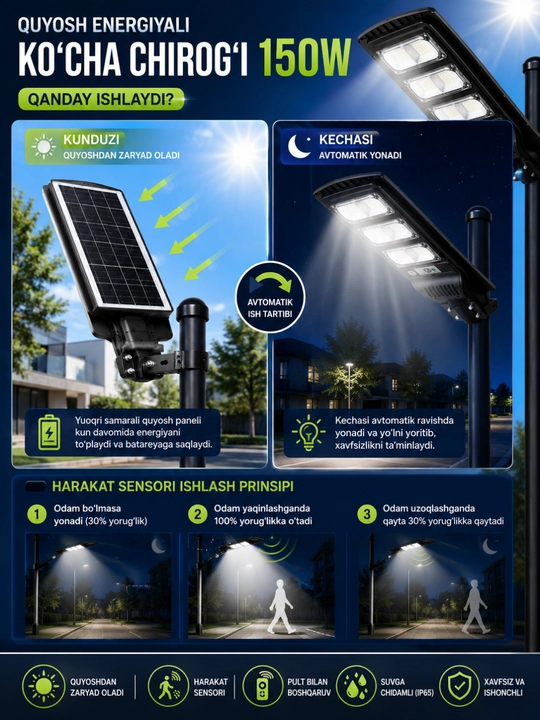 LED 150W quyosh batareyali ko'cha projektori, harakat sensorli va masofadan boshqaruv pult