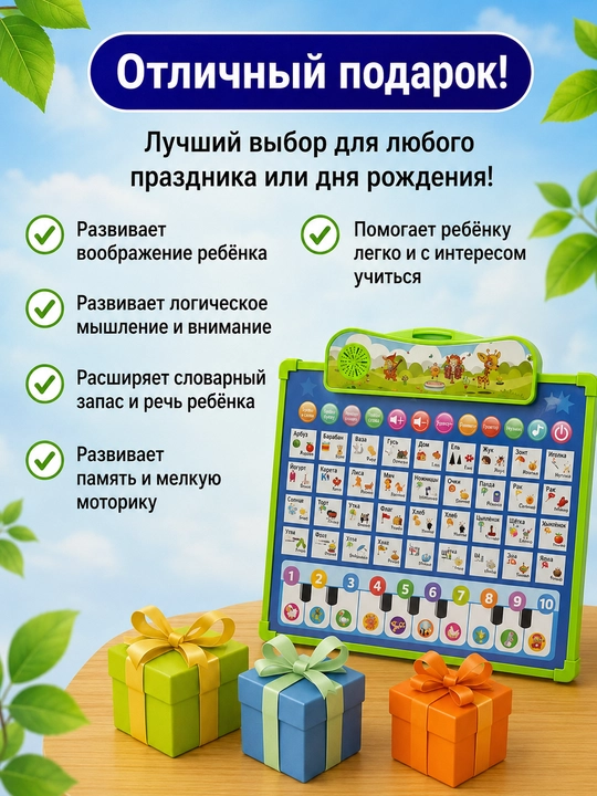 O‘zbek tilida musiqiy o‘rgatuvchi doska-planshet: alifbo, so‘zlar, ovoz, 3+