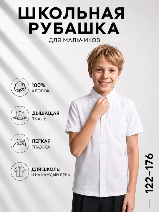 Рубашка школьная для мальчика Winkiki, с коротким рукавом, 100% хлопок - 