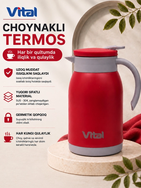 Zanglamaydigan po‘latdan yasalgan VITAL termos-choynagi, hajmi 900 ml - 
