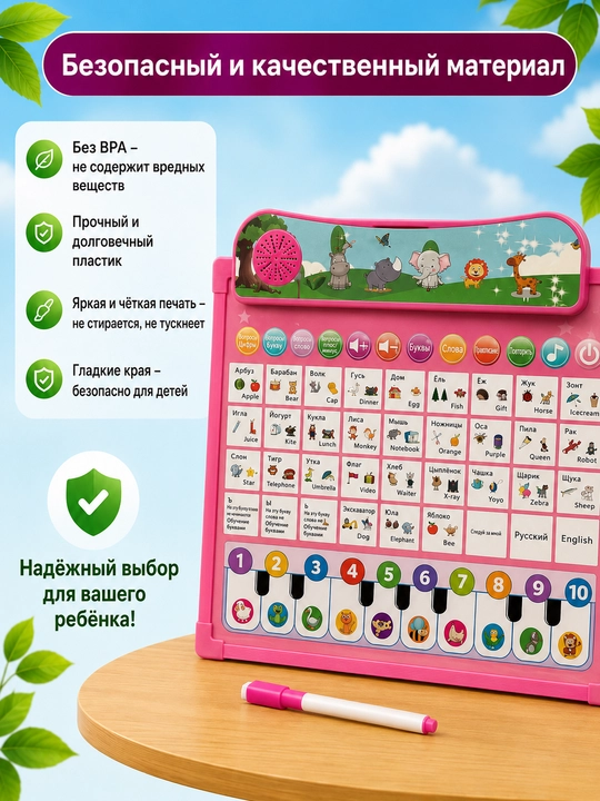 O‘zbek tilida musiqiy o‘rgatuvchi doska-planshet: alifbo, so‘zlar, ovoz, 3+