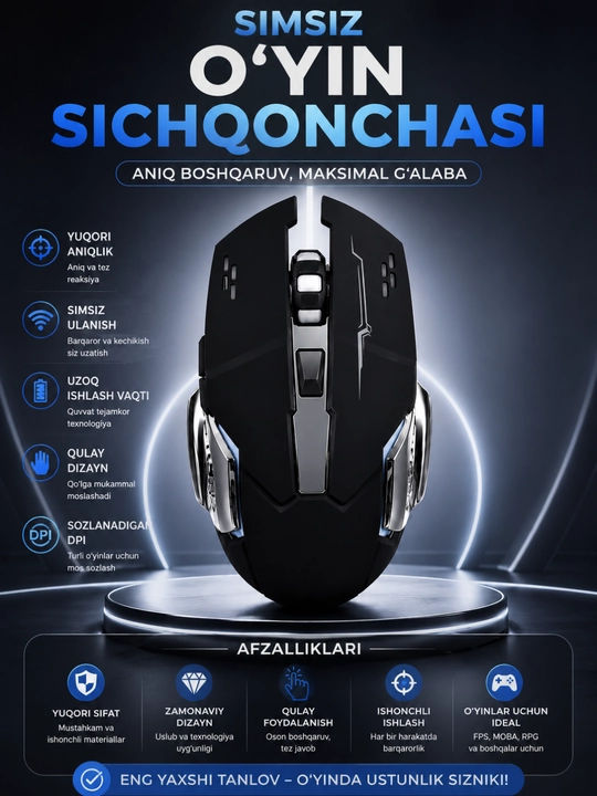 Simsiz Gaming Sichqoncha | RGB | Sozlanadigan DPI | Ergonomik | Kompyuter va Noutbuk uchun - 