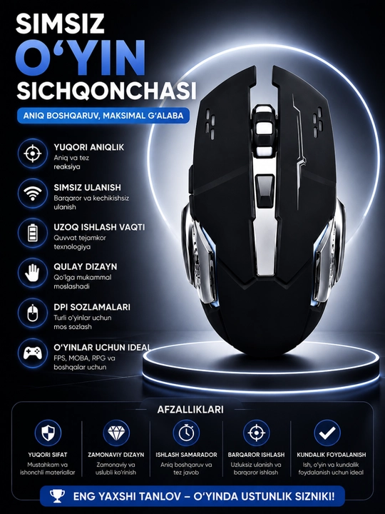 Беспроводная игровая мышь | RGB | Регулируемый DPI | Эргономичная | Для ПК и ноутбука - 