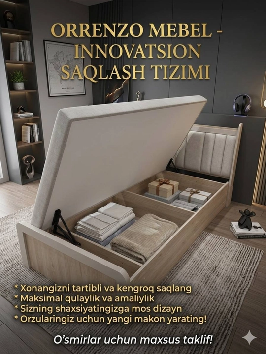 1 kishilik karavot 90x200, sandiqli, ko‘tariluvchi, yumshoq boshli