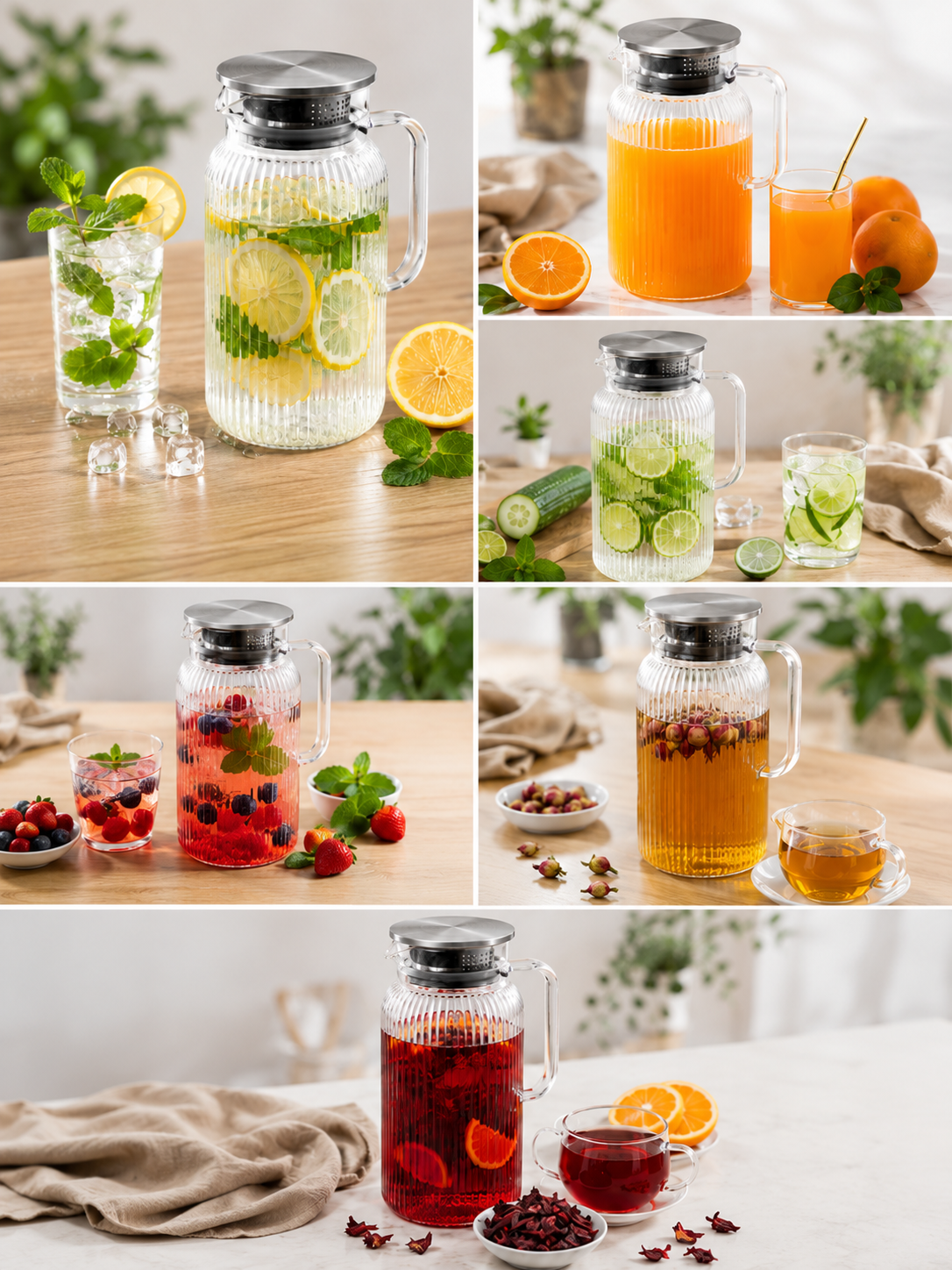 Sinmaydigan plastik grafin 1,6 l, metall filtrli qopqoq, suv, kompot va limonad uchun