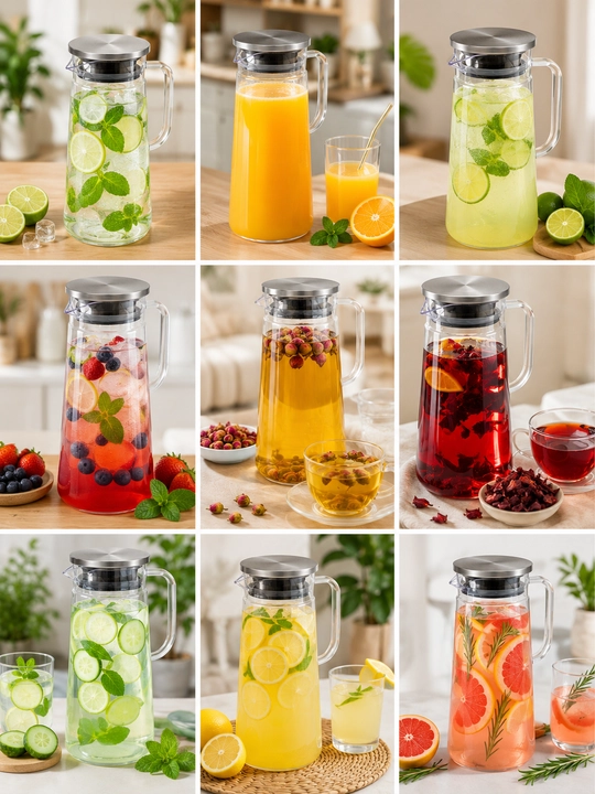 Sinmaydigan plastik grafin 1,6 l, metall filtrli qopqoq, suv, kompot va limonad uchun