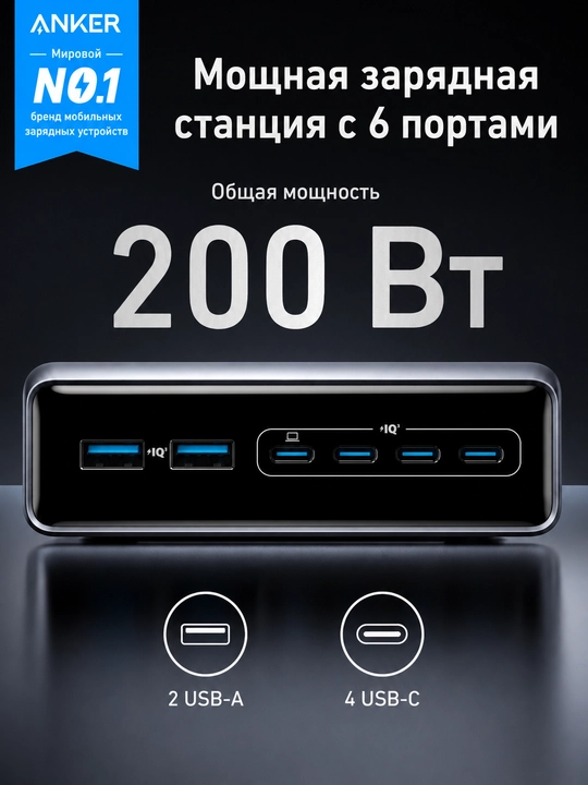 Anker Prime universal zaryadlash qurilmasi 200W 6 port GaNPrime