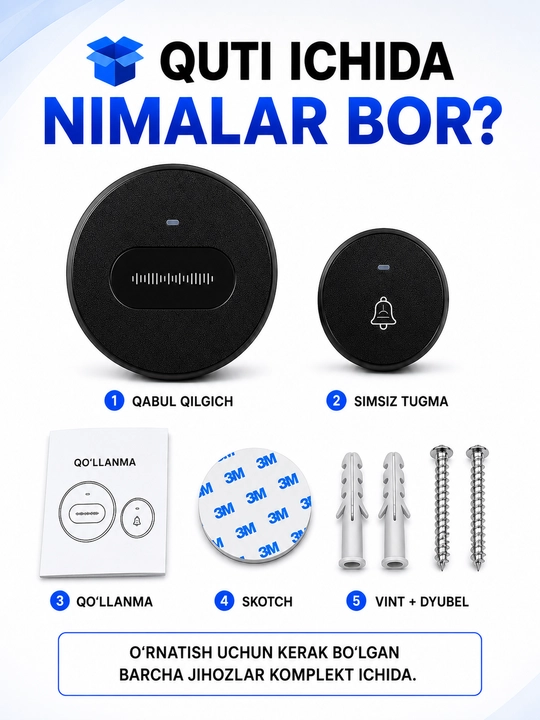 Simsiz eshik qo'ng'irog'i – 300 m, IP68, batareyasiz tugma, 38 ohang, 220V