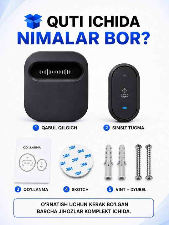 Simsiz eshik qo'ng'irog'i – 300 m, IP68, batareyasiz tugma, 38 ohang, 220V