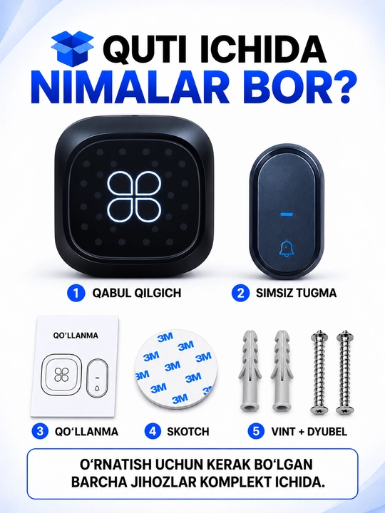 Simsiz eshik qo'ng'irog'i – 300 m, IP68, batareyasiz tugma, 38 ohang, 220V
