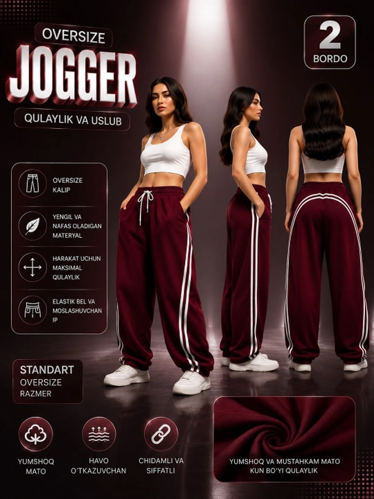 Ayollar uchun oversize jogger, sport shim, etagi rostlanadigan keng fason, 7 xil rang,shim - 
