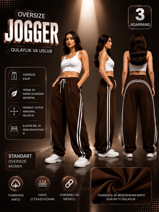Ayollar uchun oversize jogger, sport shim, etagi rostlanadigan keng fason, 7 xil rang,shim - 