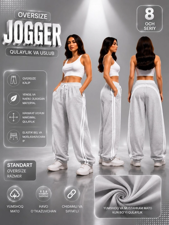 Ayollar uchun oversize jogger, sport shim, etagi rostlanadigan keng fason, 7 xil rang,shim - 