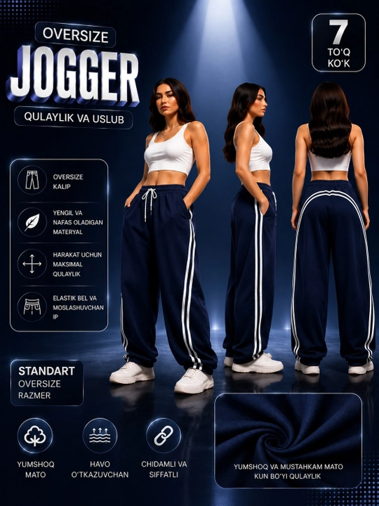 Ayollar uchun oversize jogger, sport shim, etagi rostlanadigan keng fason, 7 xil rang,shim - 