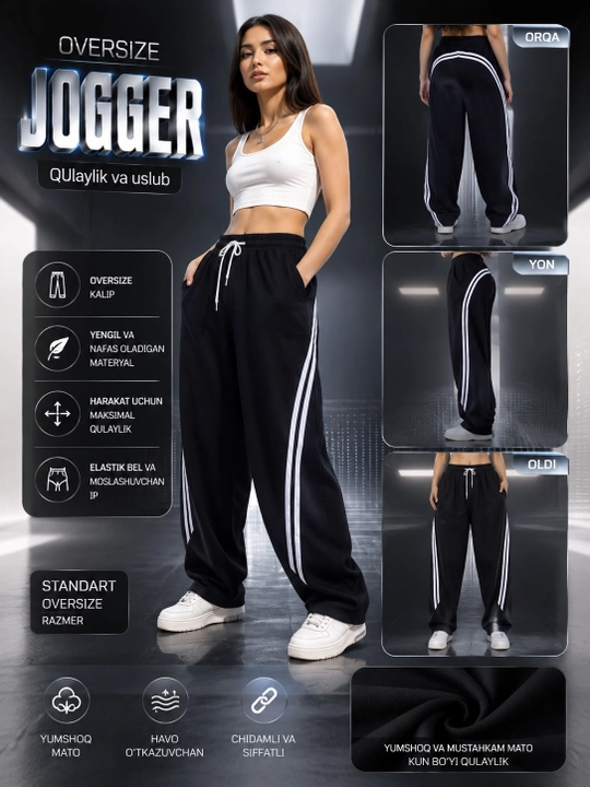 Ayollar uchun oversize jogger, sport shim, etagi rostlanadigan keng fason, 7 xil rang,shim - 