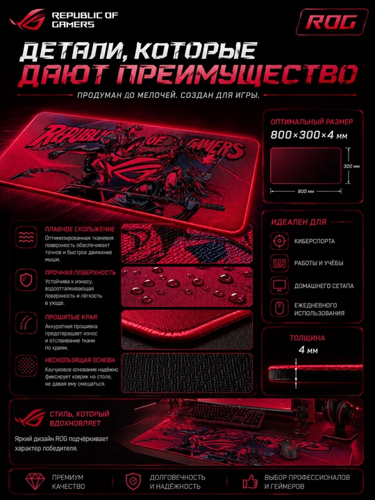 Игровой коврик для мыши ROG Republic of Gamers 80×30см, прошитые края, Speed