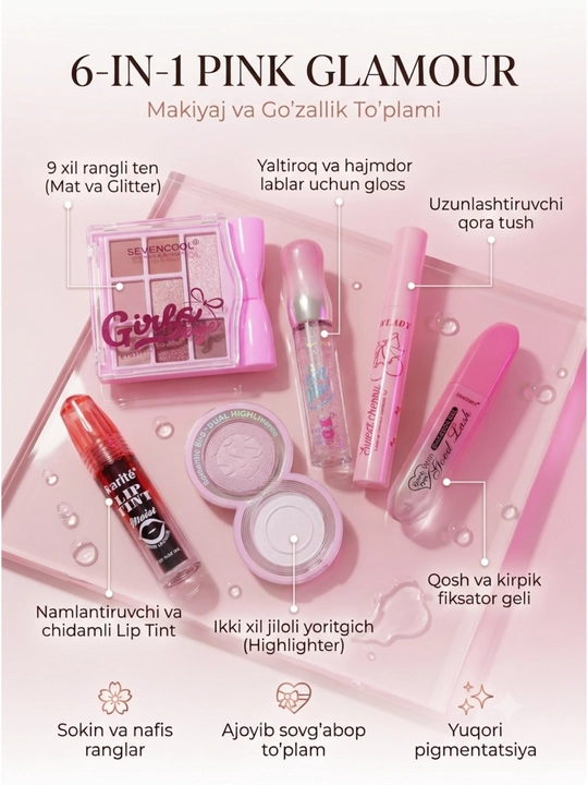 Kosmetika to'plami 6 tasi 1 da, kosmetikalar nabor va makiyaj nabor