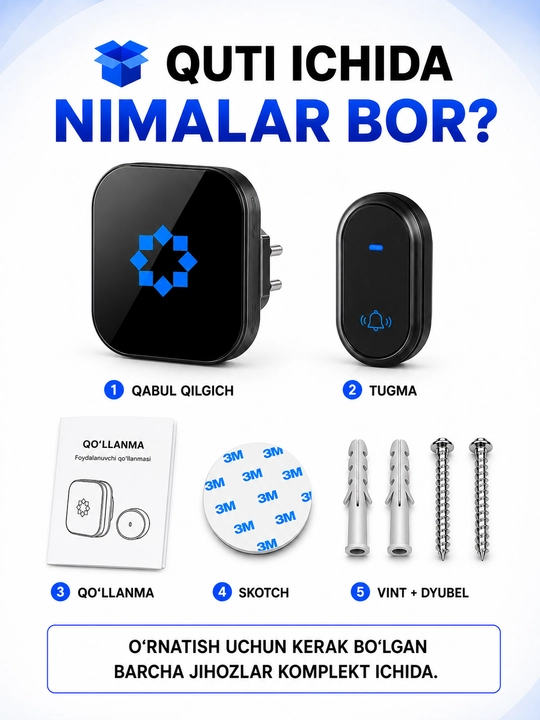 Simsiz eshik qo'ng'irog'i – 300 m, IP68, batareyasiz tugma, 38 ohang, 220V