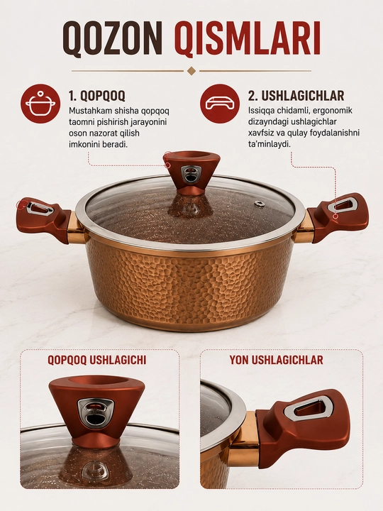 Granit qoplamali va shisha qopqoqli kastryulka, kuyishga qarshi kastryulka