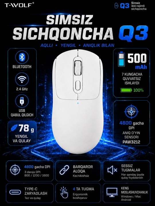 Geymerlar uchun simsiz T-Wolf X9, Q3 o‘yin sichqonchasi, shovqinsiz, o‘ta yengil, 2400 DPI