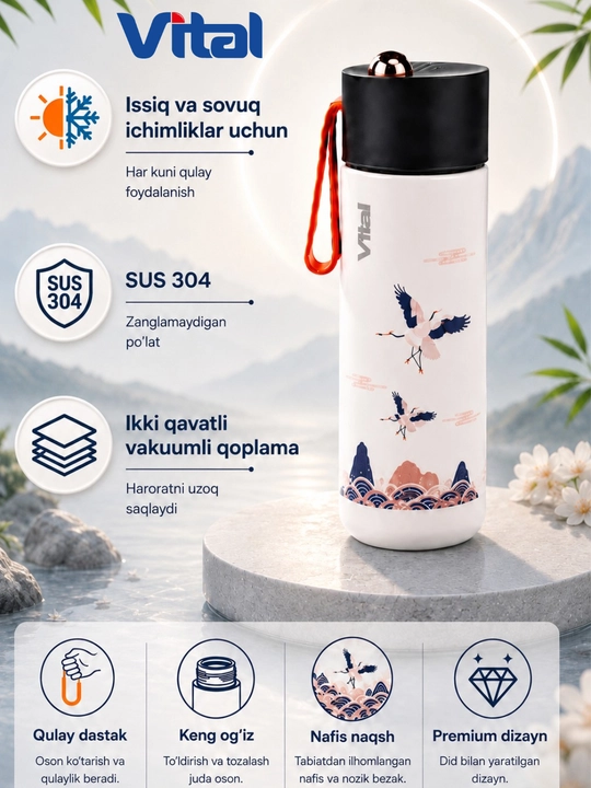 VITAL zanglamas po‘latdan ishlangan termos, suv uchun idish, 360 ml - 