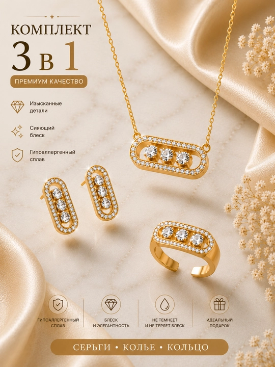 Messika uslubida ayollar taqinchoqlari to‘plami - braslet, uzuk, sepochka oltin/kumush ran