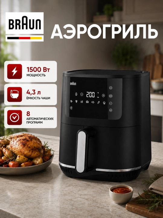 Braun MultiFry 3 HF3030 ko‘p pechli, yog‘siz qovurish moslamasi, 4,3 litrli aerogril - 