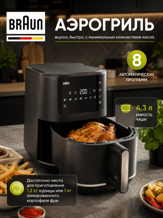Braun MultiFry 3 HF3030 ko‘p pechli, yog‘siz qovurish moslamasi, 4,3 litrli aerogril