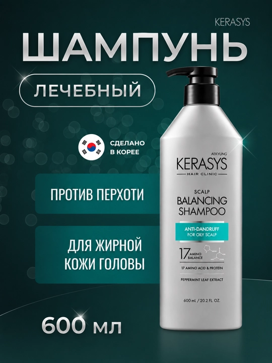 Шампунь для жирных волос, против перхоти, с кератином, KERASYS Scalp Balancing, Корея. - 