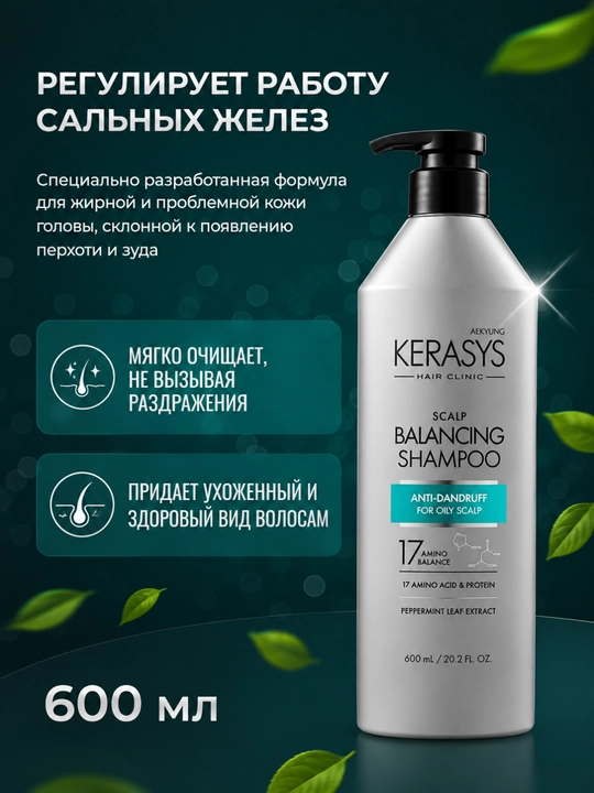 Шампунь для жирных волос, против перхоти, с кератином, KERASYS Scalp Balancing, Корея.
